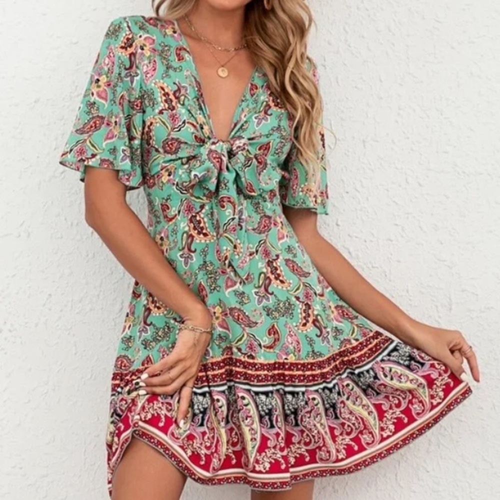 Boho navy Floral Paisley Print Butterfly Sleeve Mini Dress - Picture 1 of 12